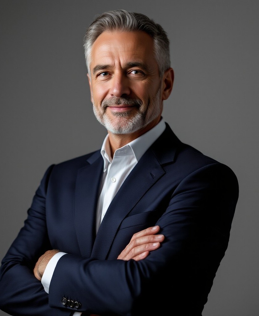 Executivo de comércio exterior, de braços cruzados, transmitindo confiança